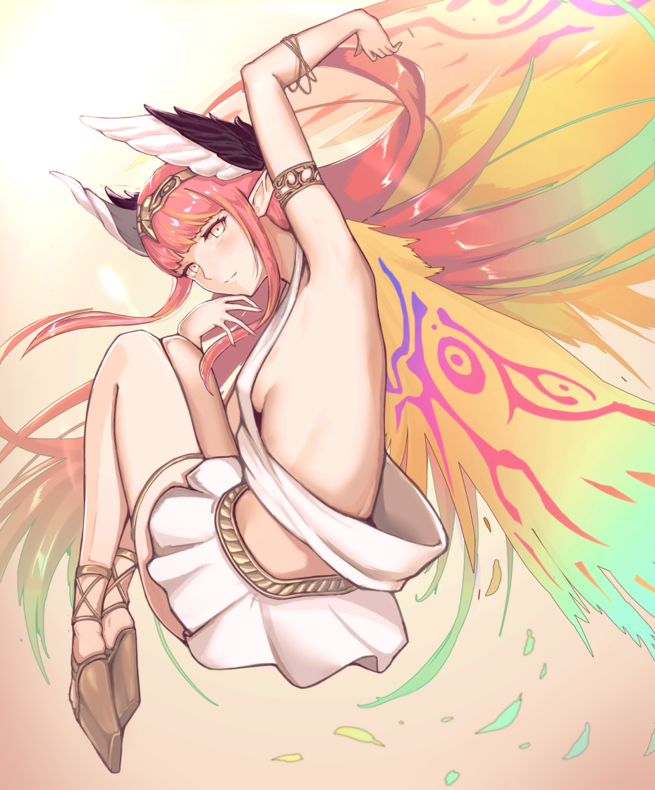 1girl, arm_up, armlet, armpits, bangs, bare_back, bare_shoulders, blunt_bangs