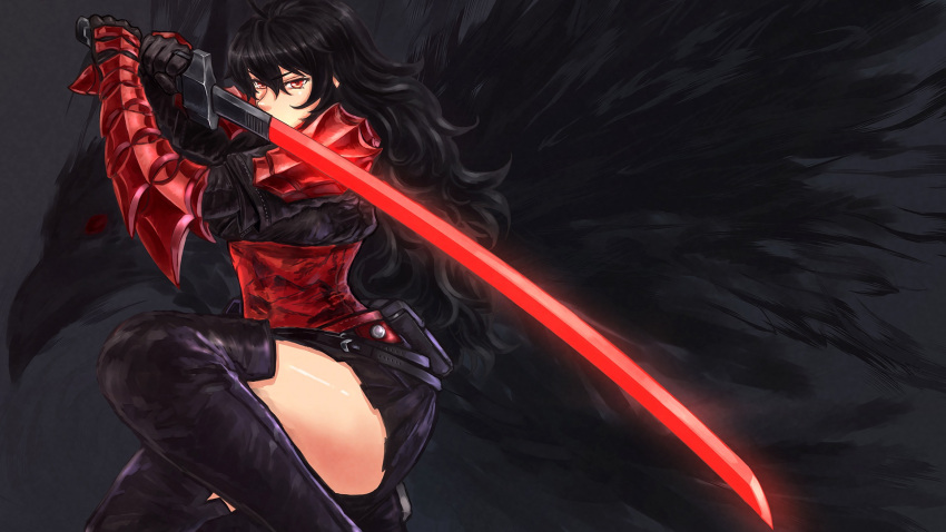 1girl, armor, black_hair, boots, fighting_stance, gauntlets, highres, katana
