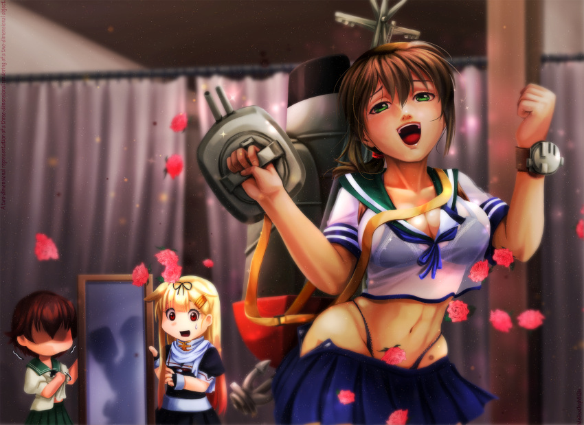 3girls, adapted_costume, alternate_breast_size, black_bra, black_panties, black_ribbon, blonde_hair, bra