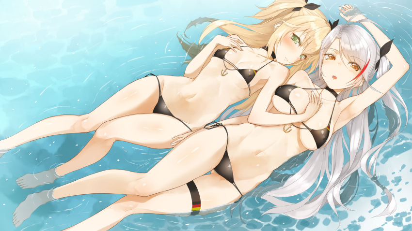 2girls, admiral_hipper_(azur_lane), arm_up, armpits, azur_lane, barefoot, bikini, black_bikini