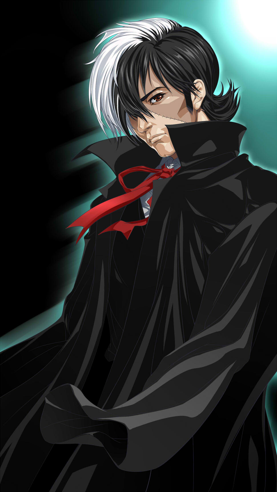 1boy, ats2nd, black_cloak, black_hair, black_jack_(character), black_jack_(series), brown_eyes, highres, male_focus, multicolored_hair, scar, solo, stitches, two-tone_hair, white_hair