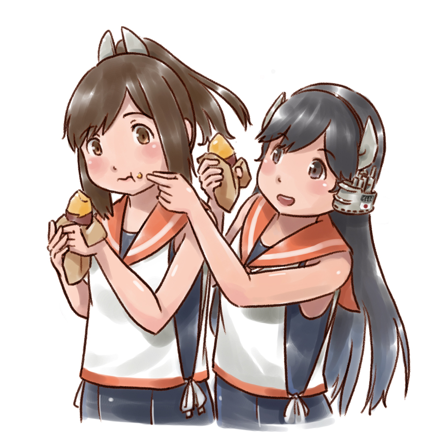 2girls, black_hair, brown_eyes, brown_hair, eating, food, food_on_face, headgear