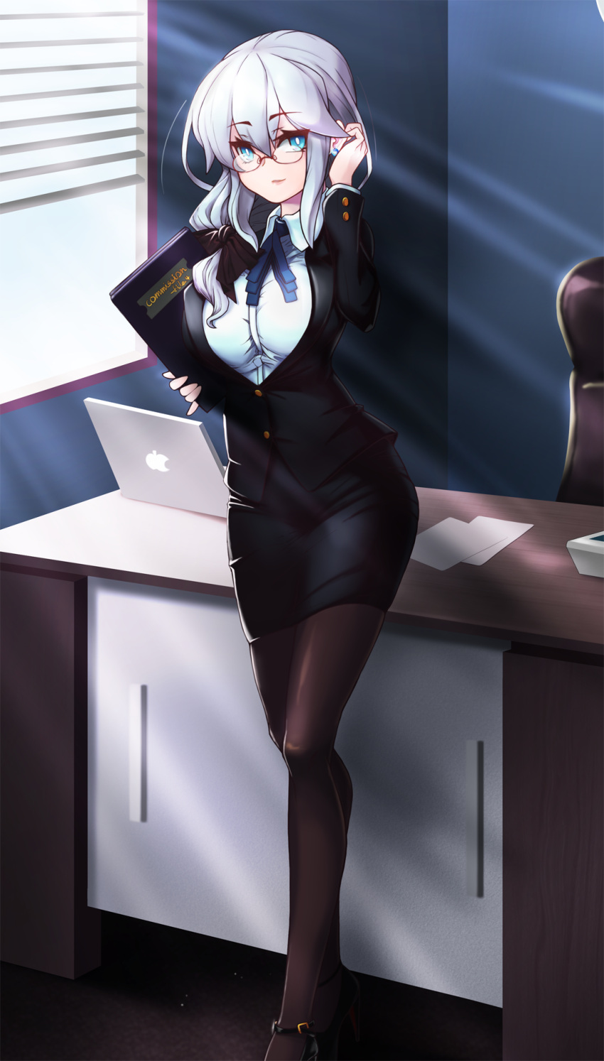 1girl, apple_inc., black_bow, black_footwear, blinds, blue_eyes, bow, breasts