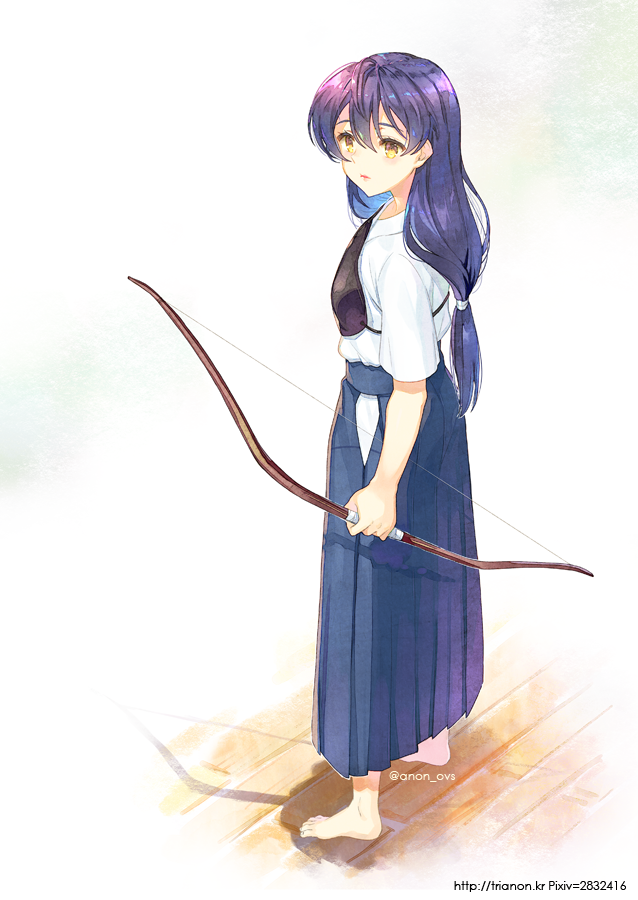 1girl, archery, bangs, barefoot, blue_hair, blue_hakama, bow_(weapon), from_side