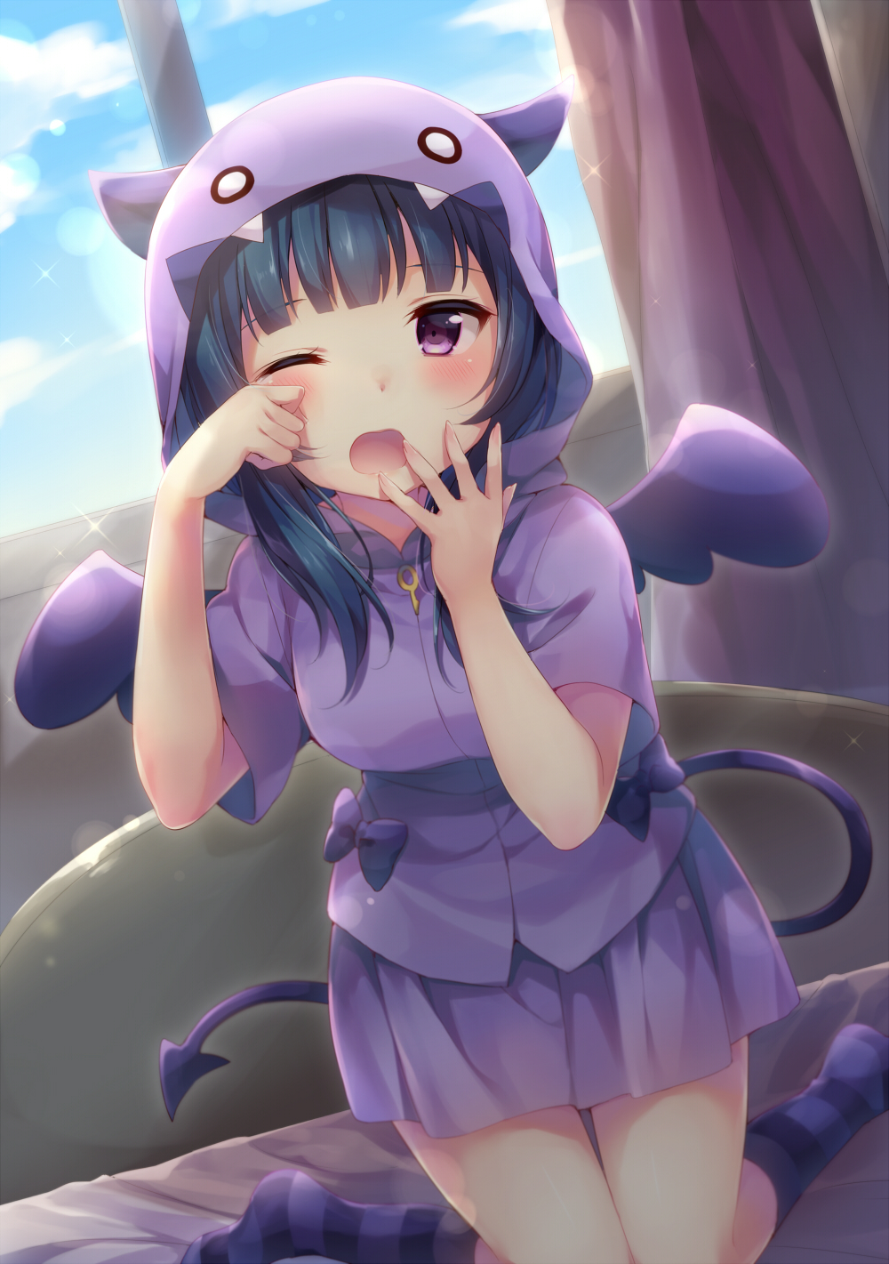 1girl, bangs, blue_hair, bow, commentary_request, covering_mouth, demon_hood, demon_horns, demon_tail, demon_wings, dutch_angle, hazuki_(sutasuta), highres, hood, hood_up, hoodie, horns, kneeling, light_blush, long_hair, love_live!, love_live!_sunshine!!, o_o, one_eye_closed, open_mouth, pajamas, purple_bow, purple_hoodie, purple_legwear, purple_skirt, purple_wings, rubbing_eyes, short_sleeves, skirt, solo, striped, striped_legwear, tail, tsushima_yoshiko, violet_eyes, wings, yawning