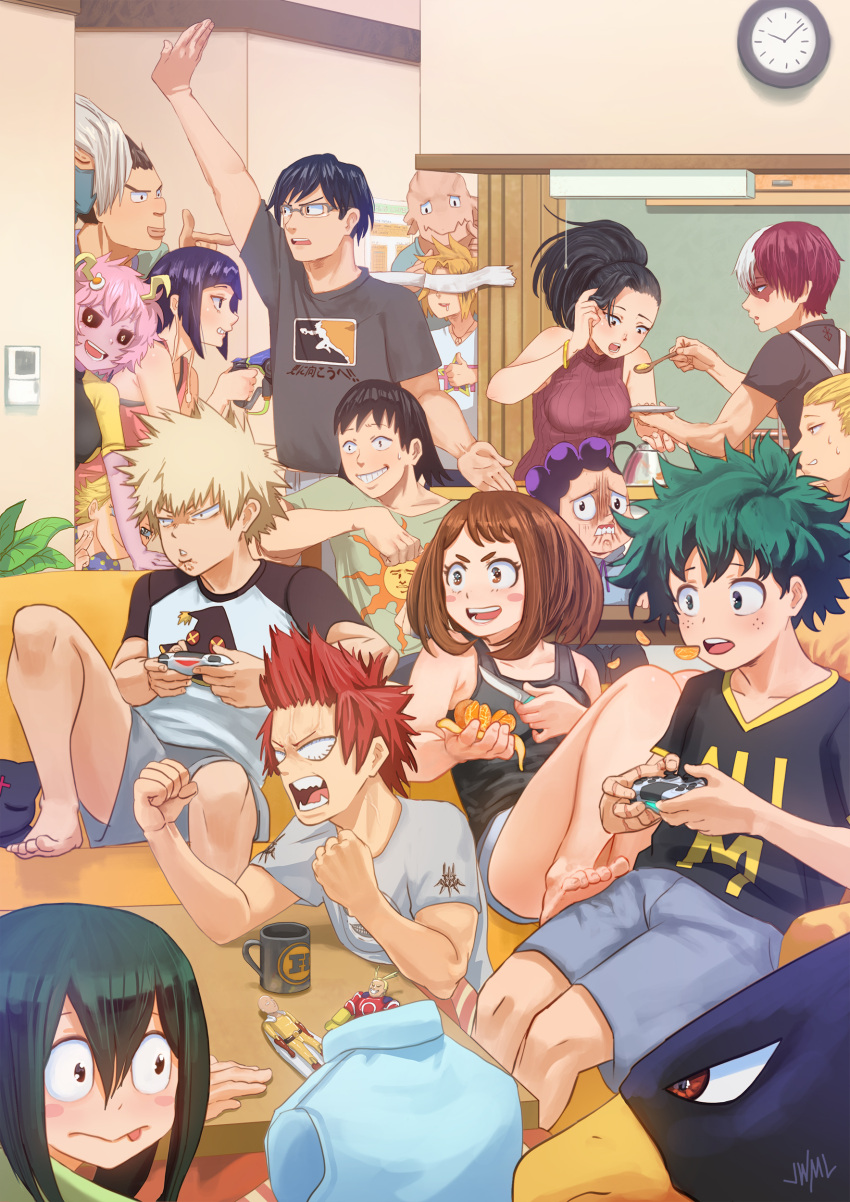 6+boys, 6+girls, absurdres, action_figure, all_might, animal_head, aoyama_yuuga, ashido_mina