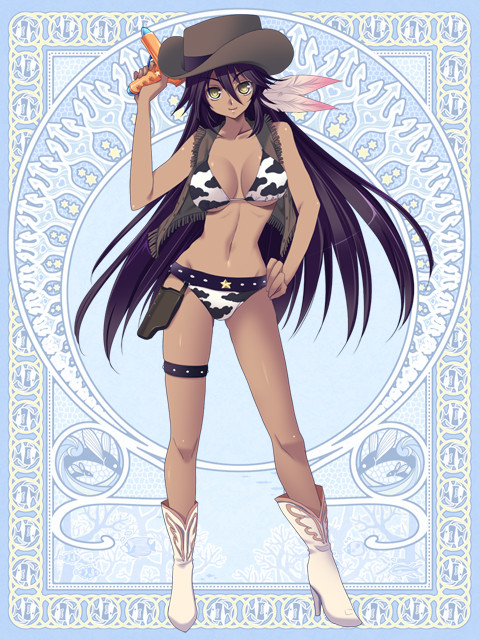 1girl, bikini, black_hair, boots, breasts, cowboy_hat, dark_skin, hat
