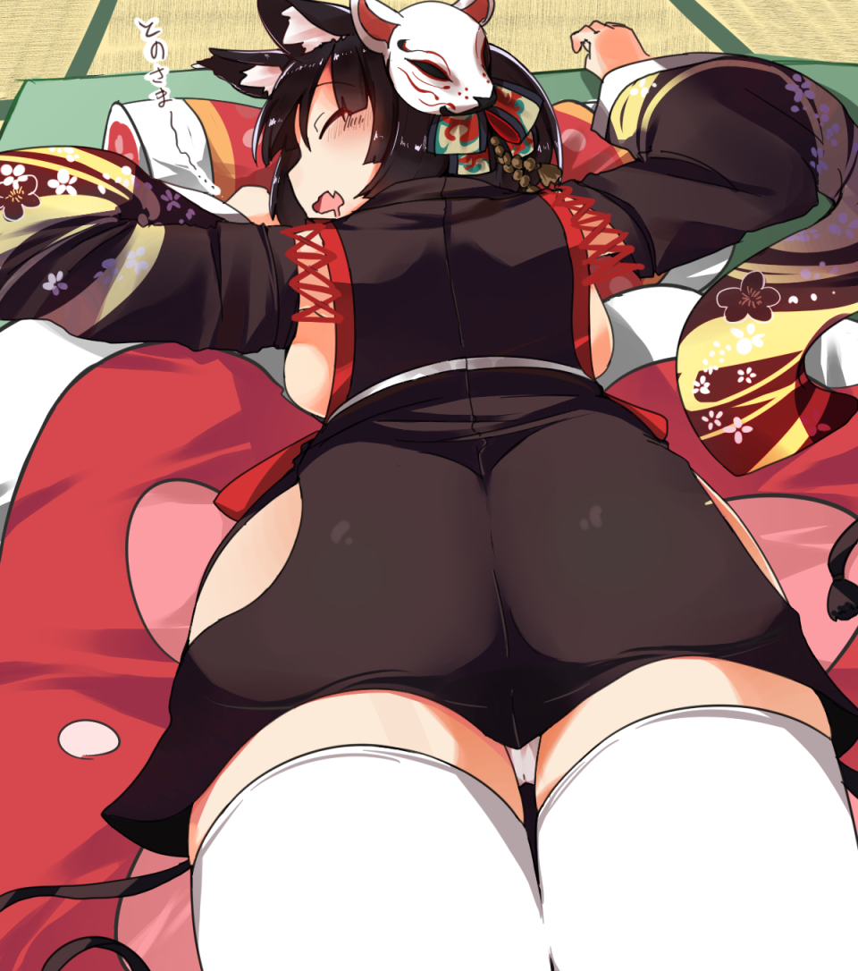 1girl, animal_ears, ass, azur_lane, black_hair, breasts, closed_eyes, drooling