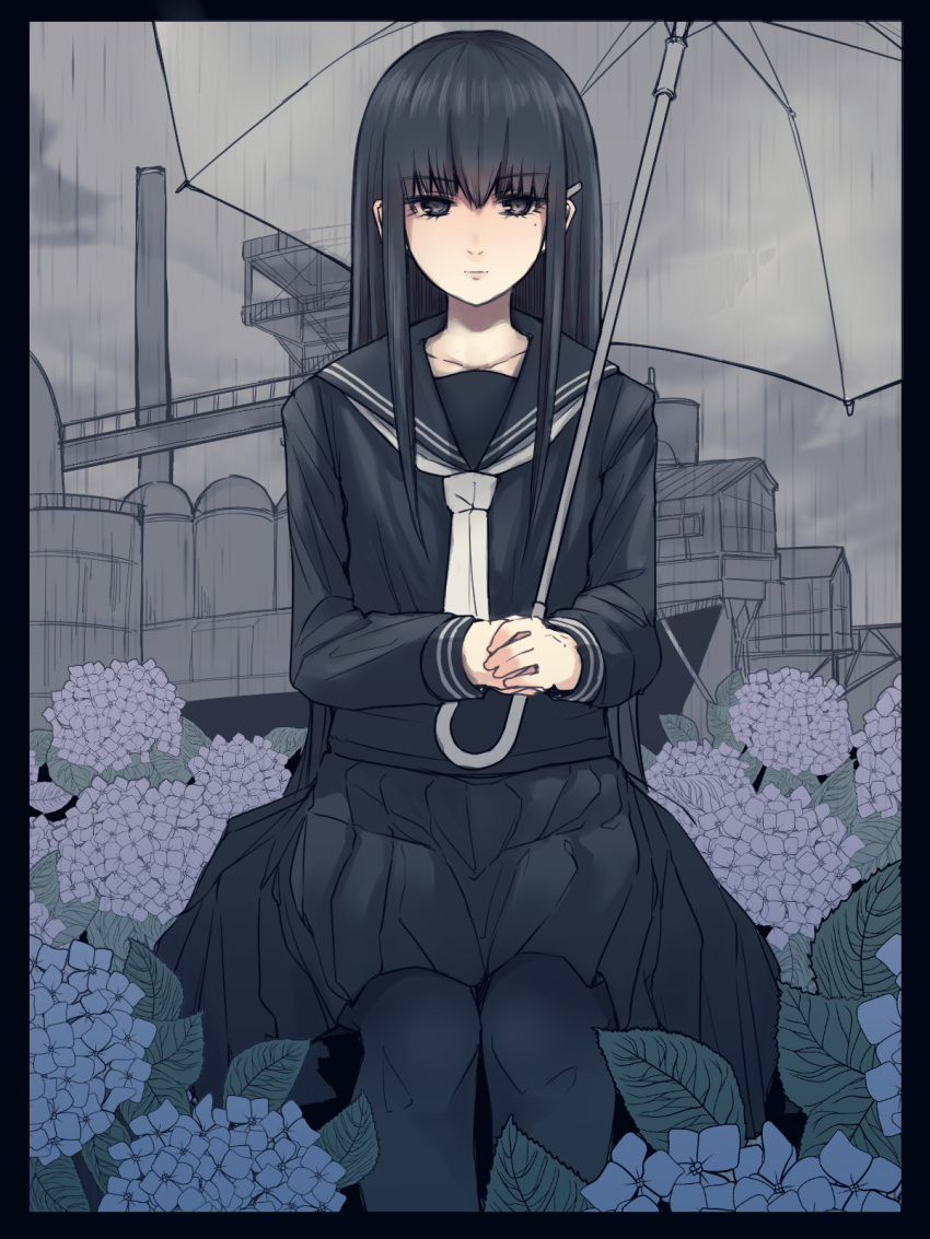 1girl, 510ksk, bangs, black_border, black_hair, black_serafuku, blush, border