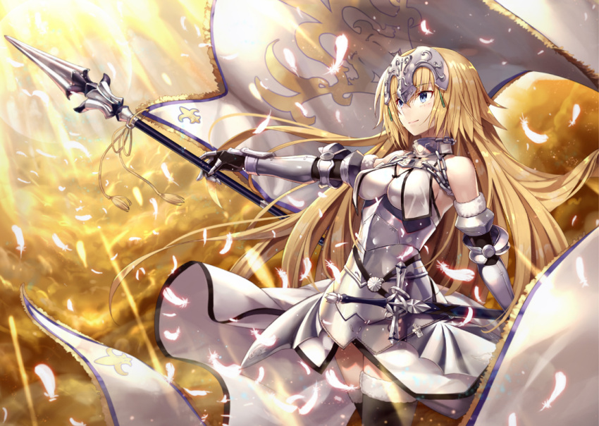 1girl, armor, armored_dress, bangs, banner, bare_shoulders, black_gloves, black_legwear