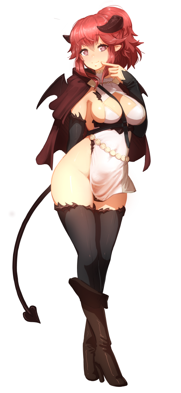 1girl, barbariank, between_breasts, black_legwear, boots, breasts, capelet, cleavage