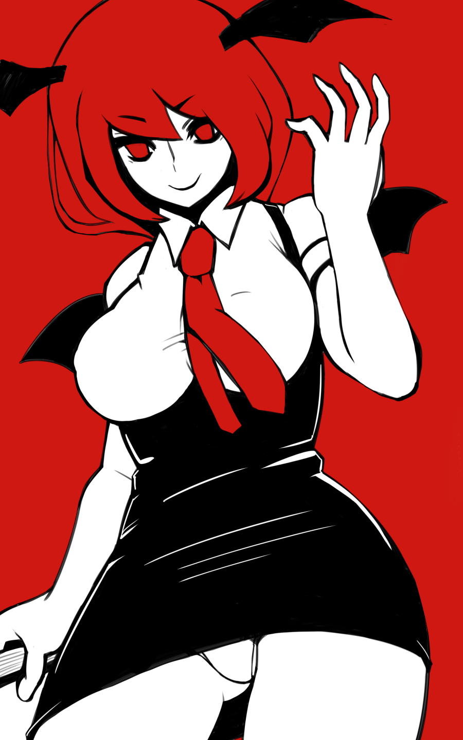 >:), alternate_hair_length, alternate_hairstyle, arm_up, bat_wings, black_dress, book, breasts, burikarun, commentary_request, contrapposto, cowboy_shot, dress, head_wings, highres, holding, holding_book, koakuma, large_breasts, limited_palette, looking_at_viewer, necktie, panties, pantyshot, red_background, red_eyes, red_neckwear, redhead, short_hair, short_sleeves, simple_background, smile, touhou, underbust, underwear, white_panties, wings
