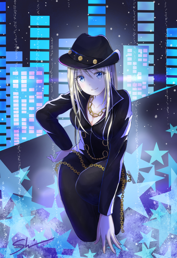 1girl, ayase_eli, bibi_(love_live!), black_hat, black_legwear, blonde_hair, blue_eyes, bodysuit