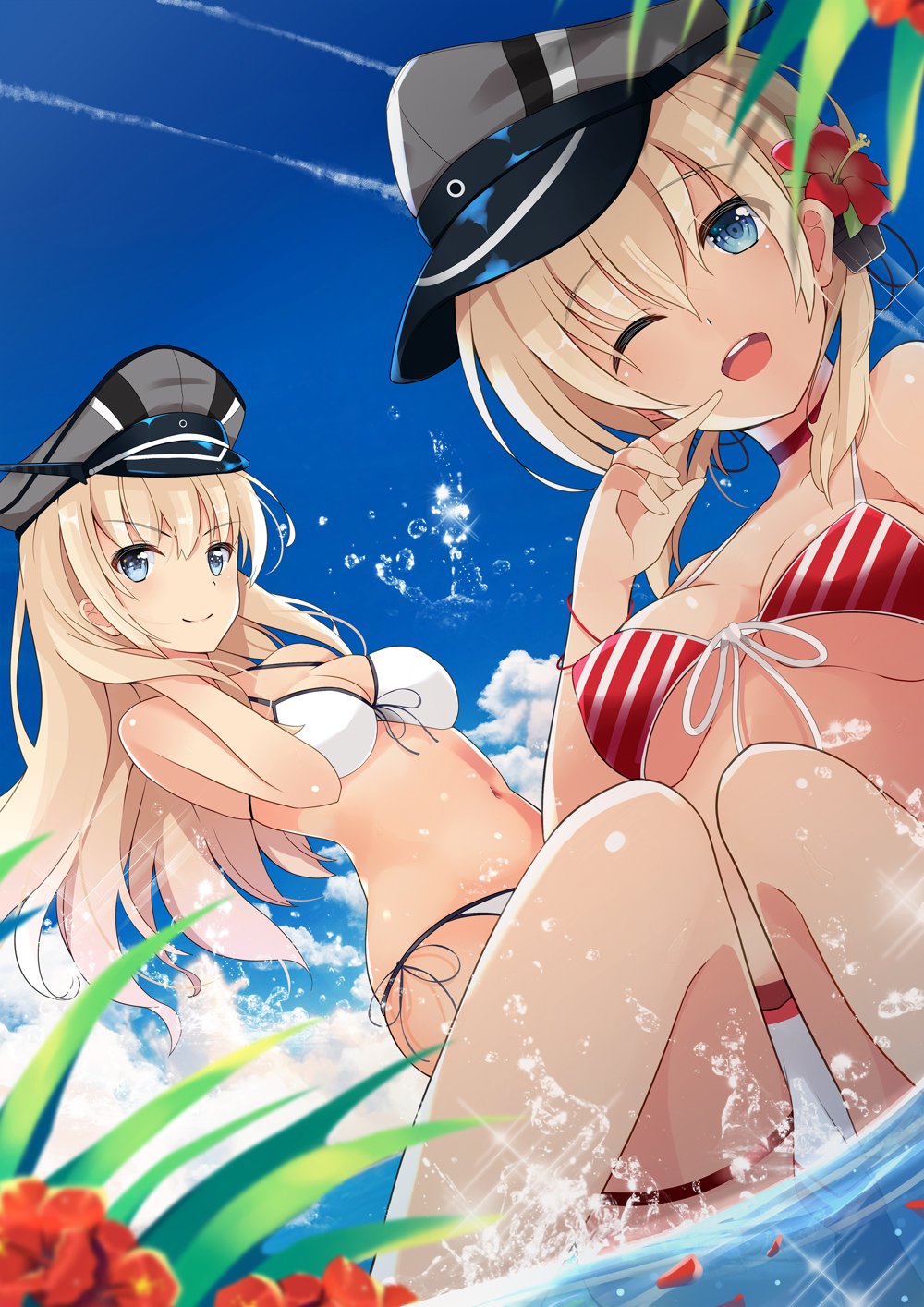 2girls, bikini, bismarck_(kantai_collection), blonde_hair, blue_eyes, breasts, eyebrows_visible_through_hair, hair_between_eyes