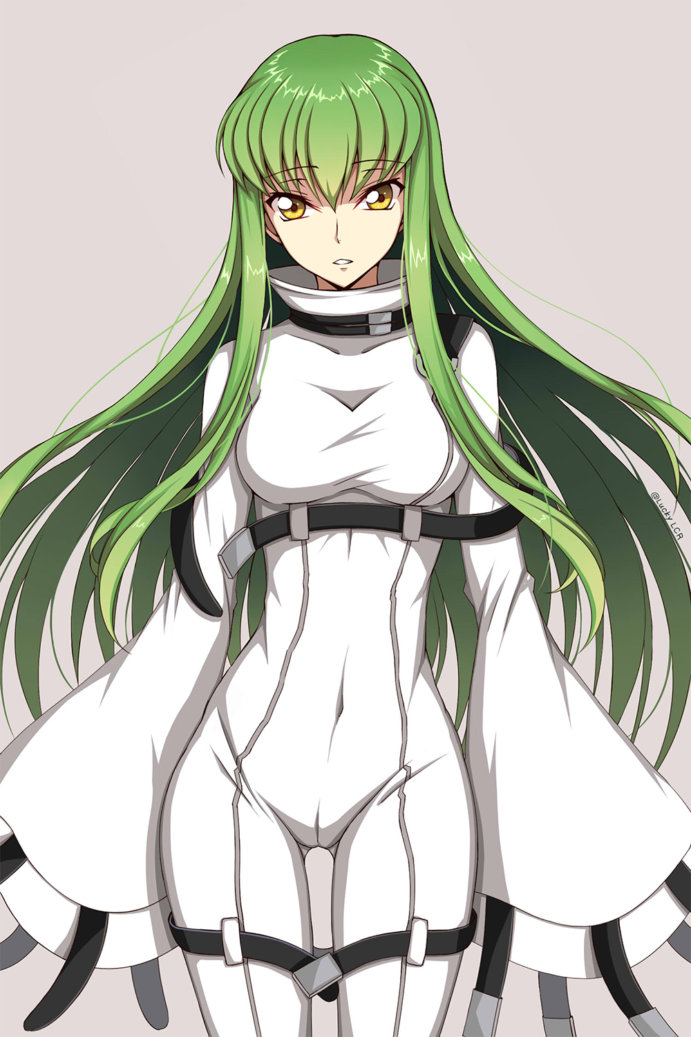 1girl, bodysuit, breasts, c.c., code_geass, covered_navel, cowboy_shot, eyebrows_visible_through_hair