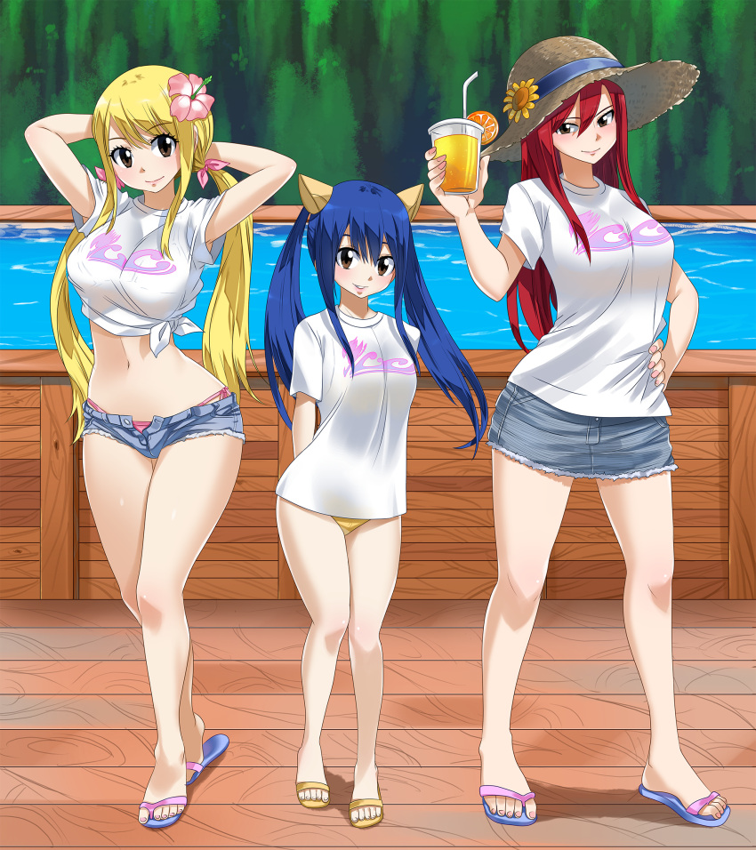 3girls, arms_behind_back, bikini, black_eyes, blonde_hair, blue_hair, blue_ribbon, blush, brown_eyes, brown_hat, day, denim, denim_shorts, denim_skirt, erza_scarlet, fairy_tail, floating_hair, flower, grey_shorts, grey_skirt, hair_between_eyes, hair_flower, hair_ornament, hair_ribbon, hand_on_hip, hat, hat_flower, hat_ribbon, hibiscus, highres, long_hair, looking_at_viewer, lucy_heartfilia, micro_shorts, midriff, miniskirt, multiple_girls, nail_polish, navel, outdoors, parted_lips, pink_bikini_bottom, pink_flower, pink_nails, pink_ribbon, planeptune, redhead, ribbon, sandals, shiny, shiny_skin, shirt, short_sleeves, shorts, side-tie_bikini, skirt, smile, standing, stomach, straw_hat, sun_hat, sunflower, swimsuit, tied_shirt, twintails, wendy_marvell, white_shirt, yellow_bikini_bottom, yellow_flower
