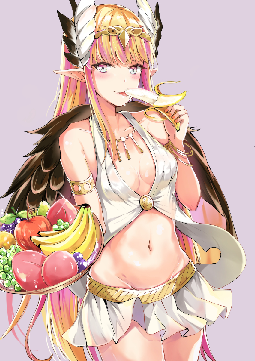 1girl, :p, apple, armlet, banana, bangle, bangs, bare_shoulders