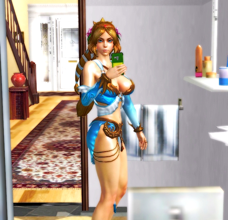 1girl, 3d, aphrodite_(smite), blonde_hair, blue_eyes, blue_suit, breasts, cellphone