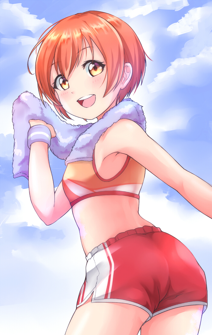 1girl, :d, clouds, cloudy_sky, hoshizora_rin, kanabun, light_blush, looking_at_viewer