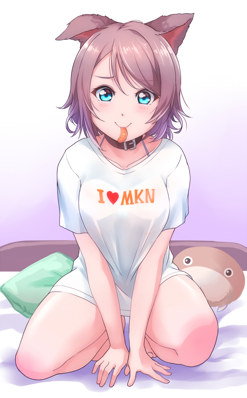 1girl, animal_ears, bare_legs, barefoot, between_legs, bikini, bikini_under_clothes, character_doll, clothes_writing, collar, dog_ears, food, fruit, hand_between_legs, highres, kanabun, kemonomimi_mode, kneeling, light_blush, looking_at_viewer, love_live!, love_live!_sunshine!!, mouth_hold, no_pants, on_bed, orange, orange_slice, pillow, shirt, short_hair, short_sleeves, smile, solo, swimsuit, t-shirt, uchicchii, watanabe_you, white_shirt