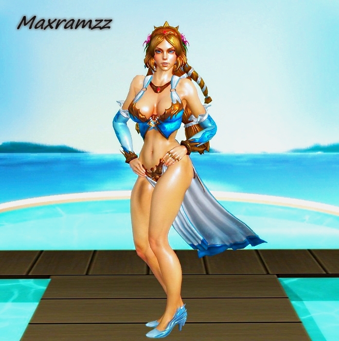 1girl, 3d, aphrodite_(smite), blonde_hair, blue_eyes, blue_suit, breasts, full_body