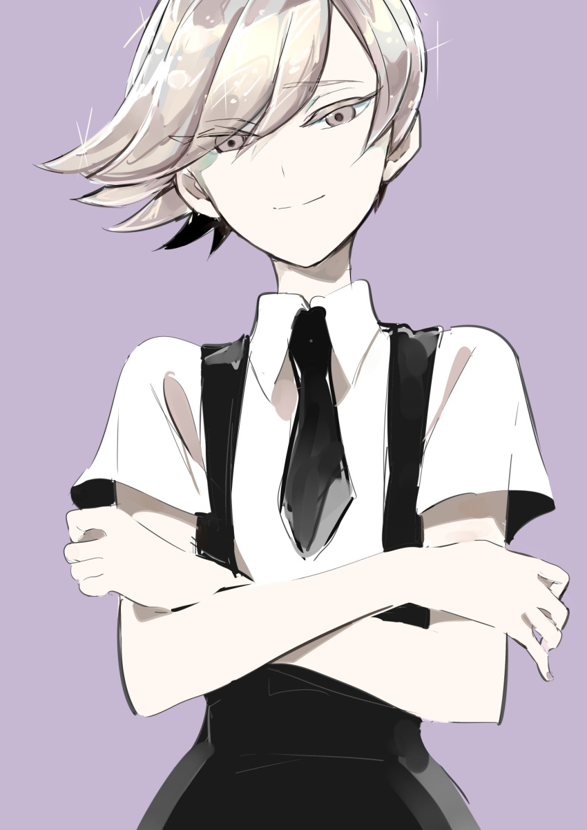 androgynous, black_neckwear, closed_mouth, collared_shirt, crossed_arms, eyebrows_visible_through_hair, eyes_visible_through_hair, fingernails