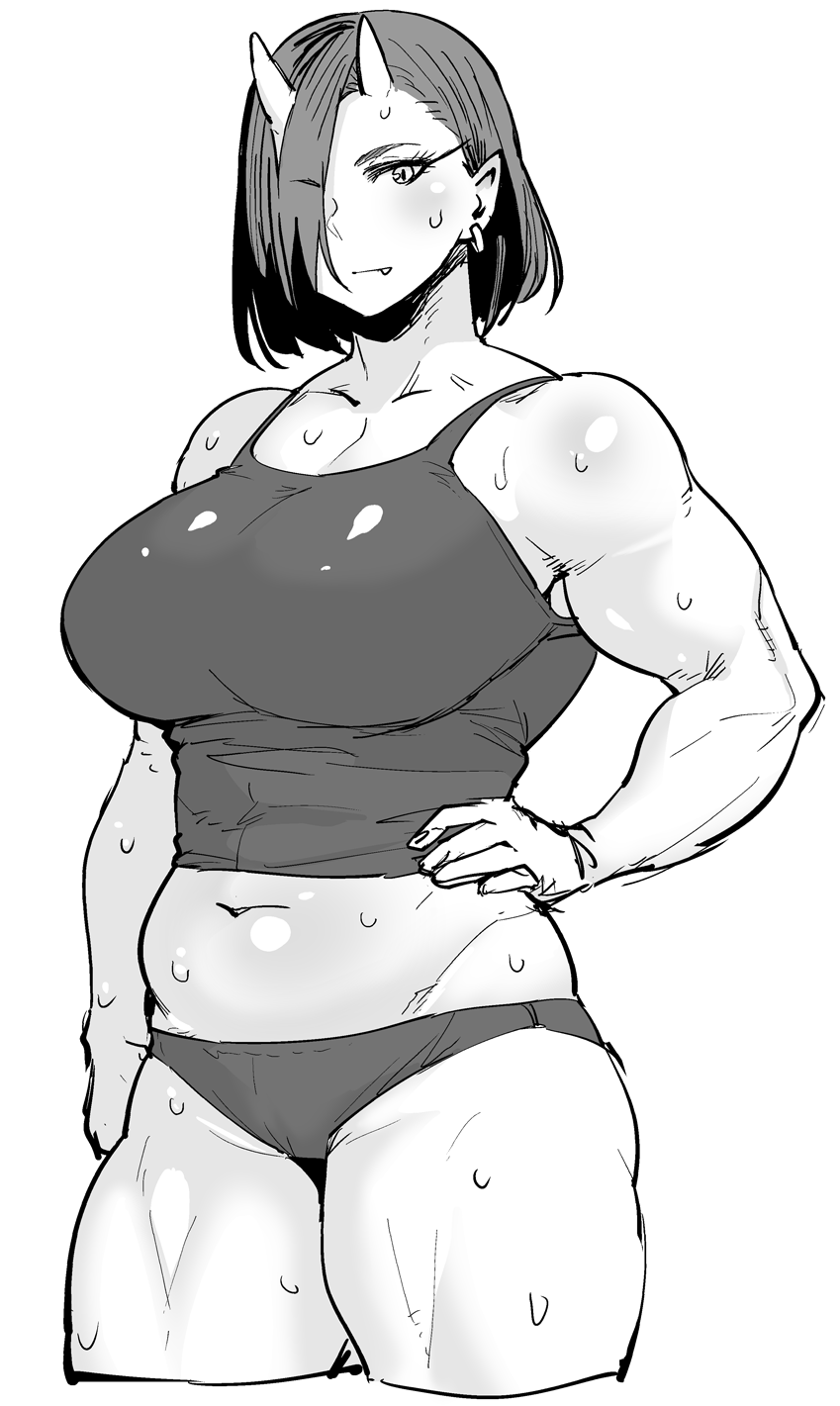 1girl, bare_shoulders, belly, breasts, commentary_request, cropped_legs, curvy, earrings