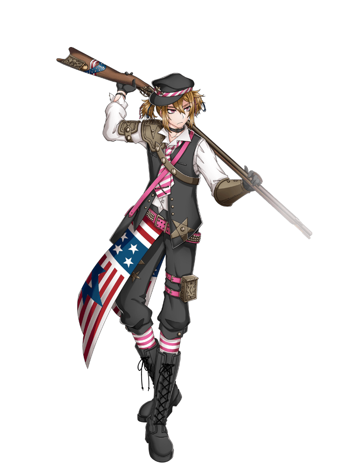 1boy, american_flag, antique_firearm, armor, belt, black_footwear, black_gloves, blonde_hair, boots, buttons, choker, cross-laced_footwear, firearm, frown, full_body, gloves, gun, hat, holding, holding_gun, holding_weapon, kentucky, kinoshita_sakura, lace-up_boots, military, military_hat, military_uniform, necktie, official_art, peaked_cap, pink_eyes, senjyushi:_the_thousand_noble_musketeers, short_twintails, shoulder_armor, single_gauntlet, solo, striped, striped_legwear, striped_neckwear, studded_belt, thigh_strap, twintails, uniform, weapon