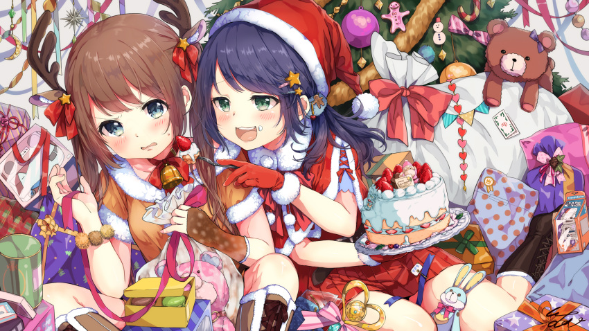 2girls, :3, :d, absurdres, animal_ears, antlers, bangs, bell