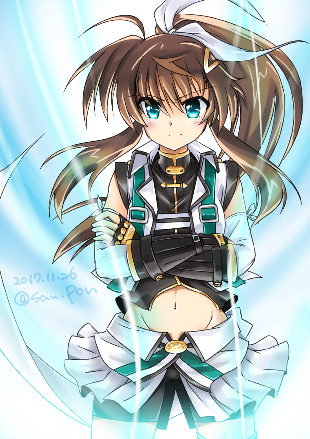 1girl, ahoge, aura, bangs, belt, bike_shorts, black_gloves, black_shirt