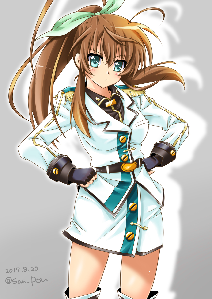 1girl, ahoge, aura, bangs, black_gloves, black_shirt, boots, brown_hair
