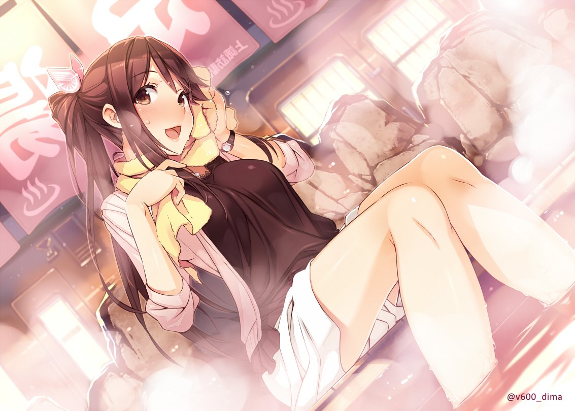 1girl, :d, alternate_hairstyle, blush, breasts, brown_eyes, brown_hair, dutch_angle