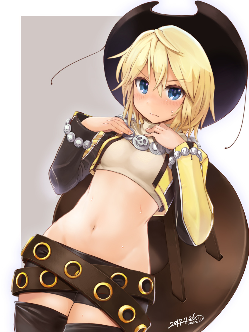 1girl, belt, beltskirt, blonde_hair, blue_eyes, blush, cowboy_hat, embarrassed, hat, highres, midriff, navel, short_hair, solo, sonolar_(summon_night), summon_night, summon_night_3, thigh-highs, umino_atari, western