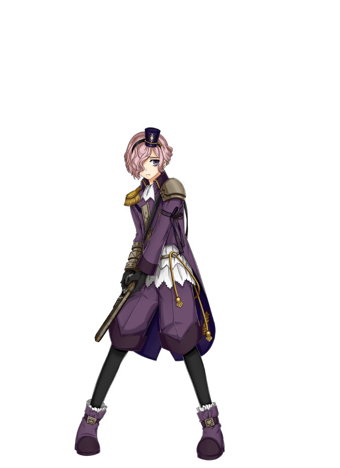 1boy, aiguillette, ankle_boots, antique_firearm, armor, bangs, belt, black_gloves, black_legwear, boots, capri_pants, cravat, firearm, frilled_shirt, frills, frown, full_body, gloves, gun, hair_over_one_eye, hairband, hat, holding, holding_gun, holding_weapon, kinoshita_sakura, military, military_uniform, noel_(senjuushi), official_art, pants, pink_hair, purple_footwear, ribbon, sam_browne_belt, senjuushi:_the_thousand_noble_musketeers, shirt, shoulder_armor, single_gauntlet, solo, tassel, uniform, violet_eyes, weapon