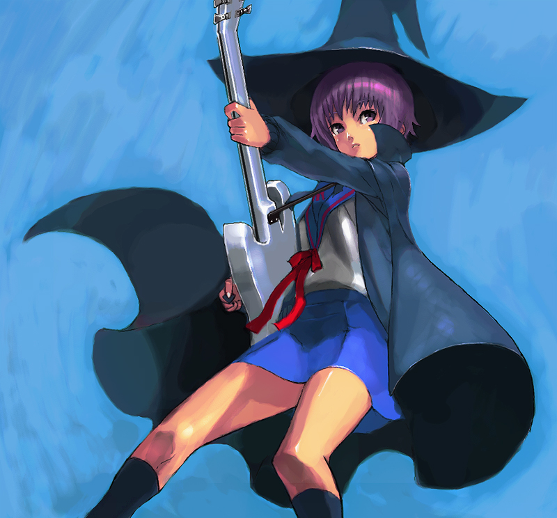 bass_guitar, cloak, guitar, hat, instrument, kneehighs, nagato_yuki, purple_eyes