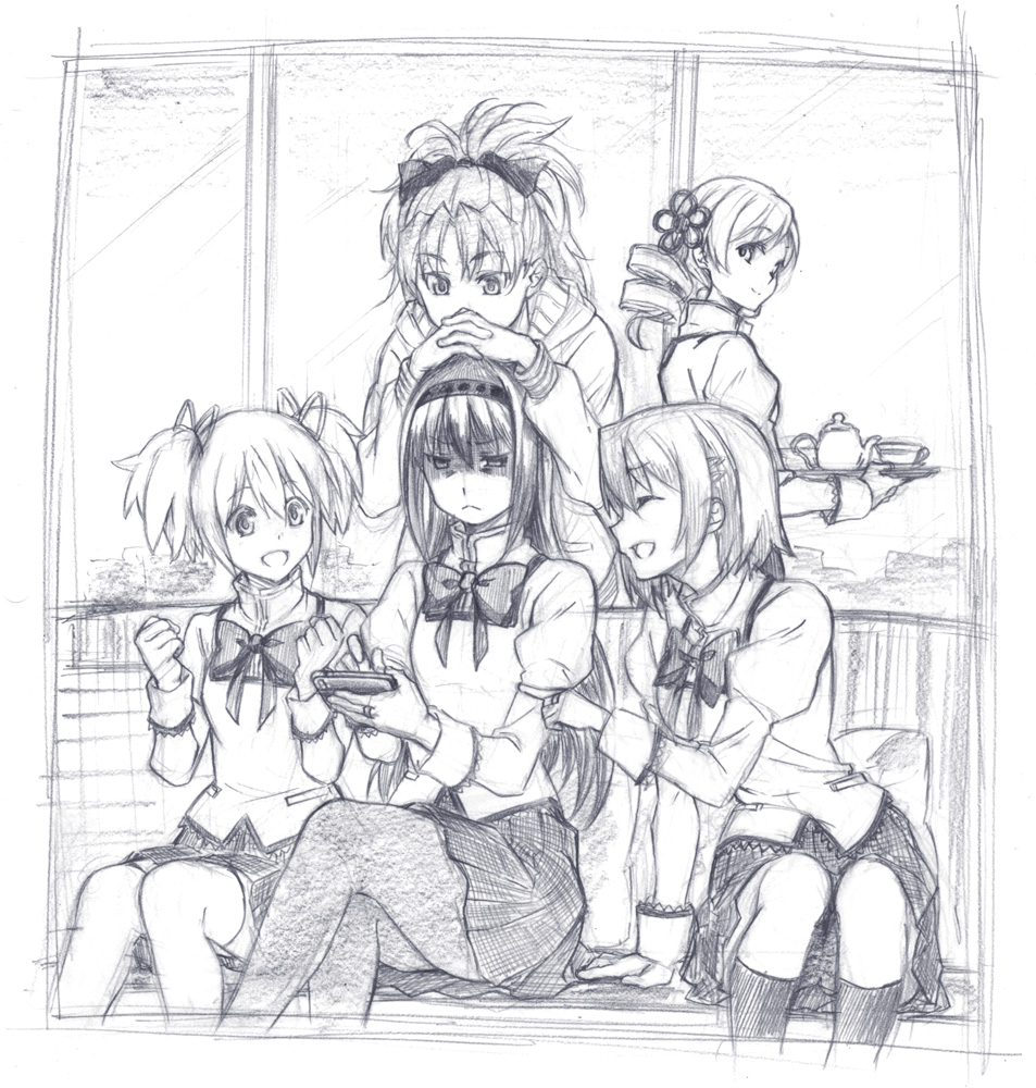 5girls, ^_^, akemi_homura, arm_support, closed_eyes, drill_hair, eyebrows_visible_through_hair, graphite_(medium)