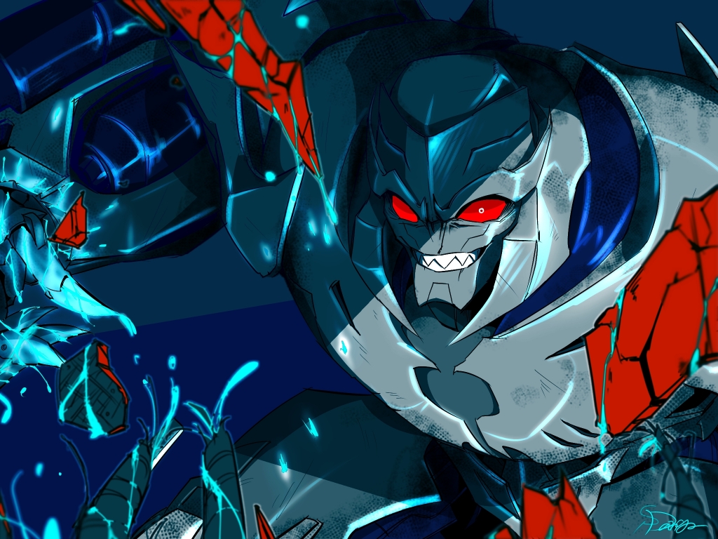 1boy, arm_cannon, artist_request, blue_background, cannon, decepticon, evil_smile, glowing, grin, injury, looking_at_viewer, megatron, megatron_(prime), no_humans, red_eyes, smile, solo, teeth, transformers, transformers_prime, upper_body, weapon