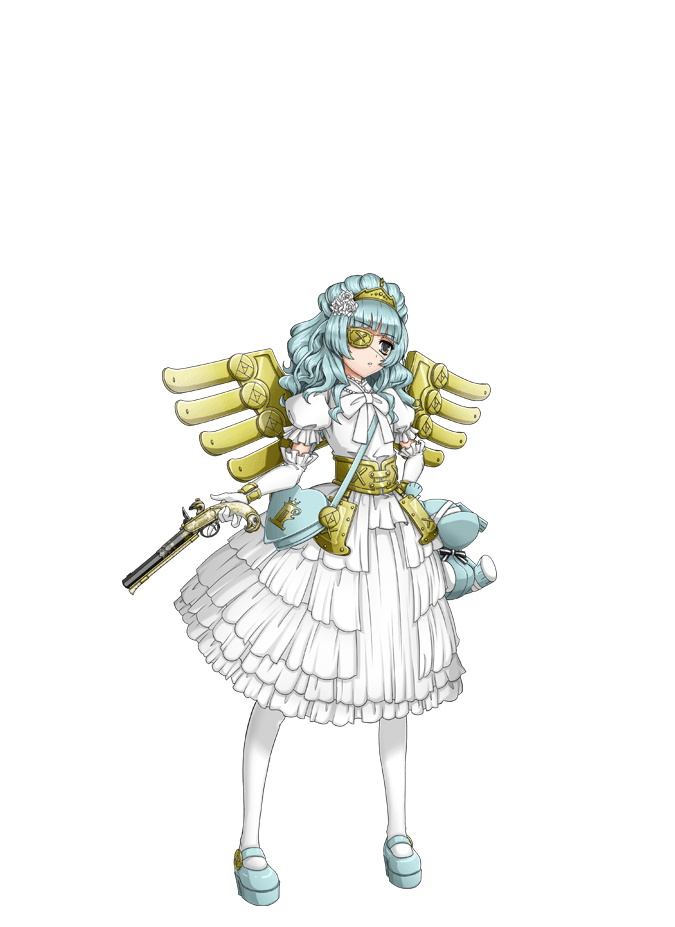 1boy, antique_firearm, bangs, blue_footwear, blue_hair, blunt_bangs, bow, curly_hair, dress, ekaterina_(senjuushi), elbow_gloves, eyepatch, firearm, flower, frilled_dress, frilled_sleeves, frills, full_body, gloves, grey_eyes, gun, hair_flower, hair_ornament, half_updo, handgun, holding, holding_gun, holding_weapon, kinoshita_sakura, long_hair, mary_janes, mechanical_wings, official_art, pistol, puffy_short_sleeves, puffy_sleeves, senjuushi:_the_thousand_noble_musketeers, shoes, short_sleeves, sidelocks, solo, stuffed_animal, stuffed_toy, tiara, trap, weapon, white_bow, white_dress, white_gloves, white_legwear, wings