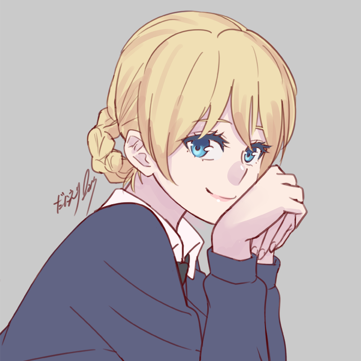 1girl, artist_name, bangs, black_neckwear, blonde_hair, blue_eyes, blue_sweater, braid
