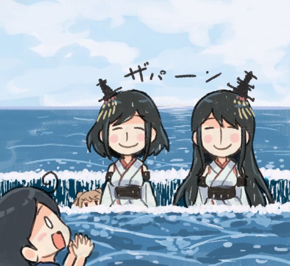 4girls, ahoge, blue_sky, closed_eyes, clouds, comic, commentary_request, detached_sleeves