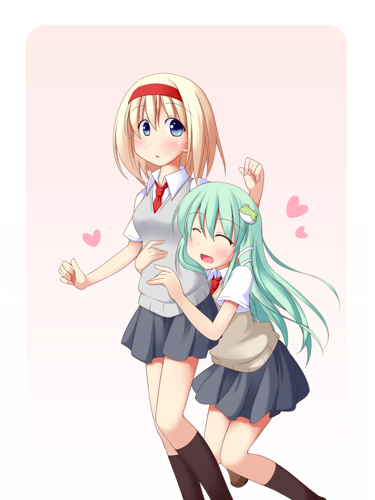 2girls, :o, ^_^, alice_margatroid, alternate_costume, blonde_hair, blush, closed_eyes