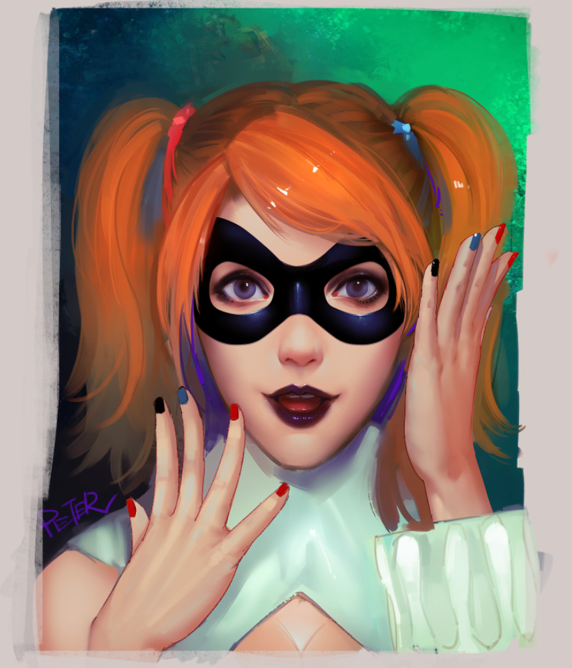 1girl, artist_name, batman_(series), black_nails, blue_nails, dc_comics, face, harley_quinn