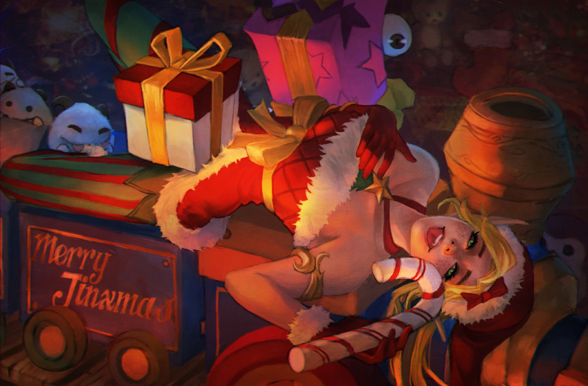 1girl, absurdres, alternate_costume, alternate_hair_color, alternate_hairstyle, ambitious_elf_jinx, blonde_hair, candy