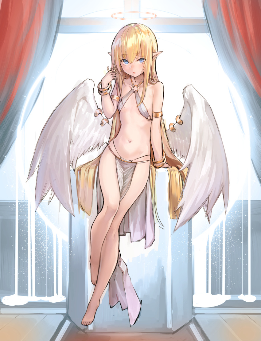 1girl, absurdres, angel, angel_wings, armlet, bangle, bare_legs, barefoot