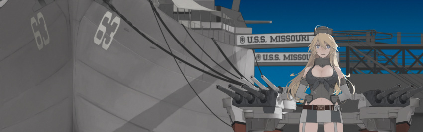 1girl, absurdres, american_flag_legwear, battleship, blonde_hair, blue_eyes, breasts, cannon