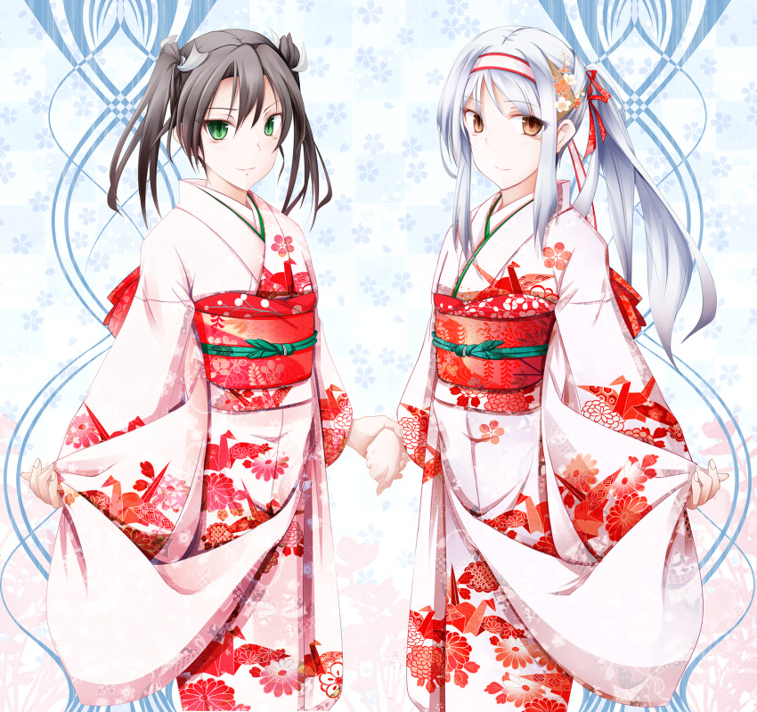 2girls, alternate_costume, bangs, blush, breasts, brown_eyes, eyebrows_visible_through_hair, eyes_visible_through_hair, floral_background, floral_print, flower, fudo_shin, green_eyes, grey_hair, hair_between_eyes, hair_flower, hair_ornament, hair_ribbon, hairband, hand_holding, highres, holding_clothes, japanese_clothes, kantai_collection, kimono, long_hair, long_sleeves, looking_at_viewer, multiple_girls, obi, ponytail, poytail, red_obi, red_ribbon, ribbon, sash, shoukaku_(kantai_collection), sidelocks, silver_hair, smile, twintails, white_hair, white_ribbon, wide_sleeves, zuikaku_(kantai_collection)
