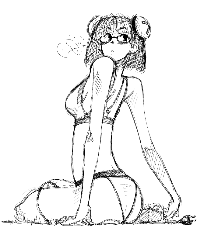 francisca, glasses, kaibutsu_oujo, looking_back, mike156, monochrome, sketch
