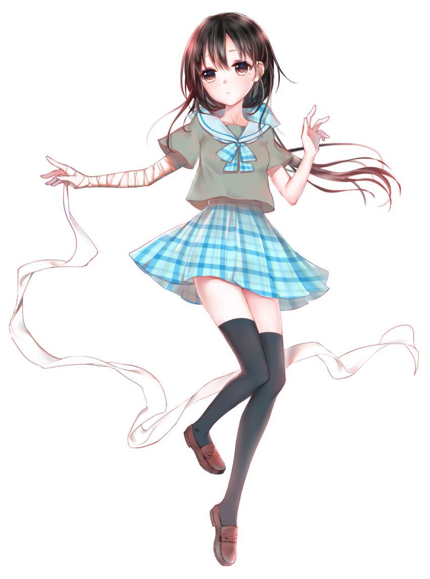 absurdres, bangs, black_legwear, brown_eyes, brown_footwear, brown_hair, closed_mouth, green_topwear