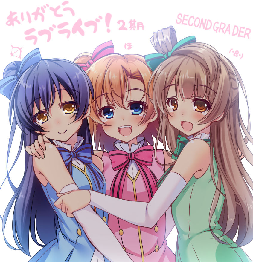 3girls, bangs, bare_shoulders, blue_eyes, blue_hair, bow, commentary_request, detached_sleeves