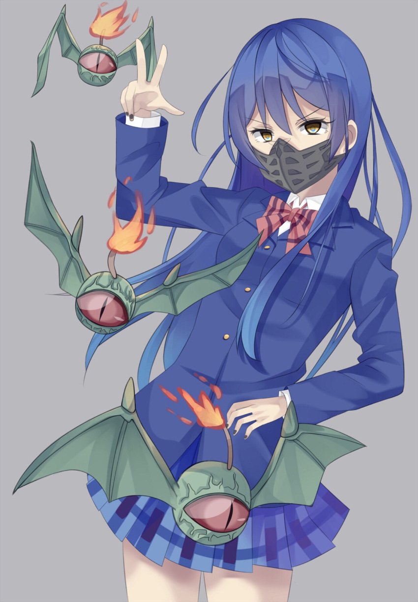 1girl, bangs, bat, blue_hair, bow, bowtie, commentary_request, cowboy_shot